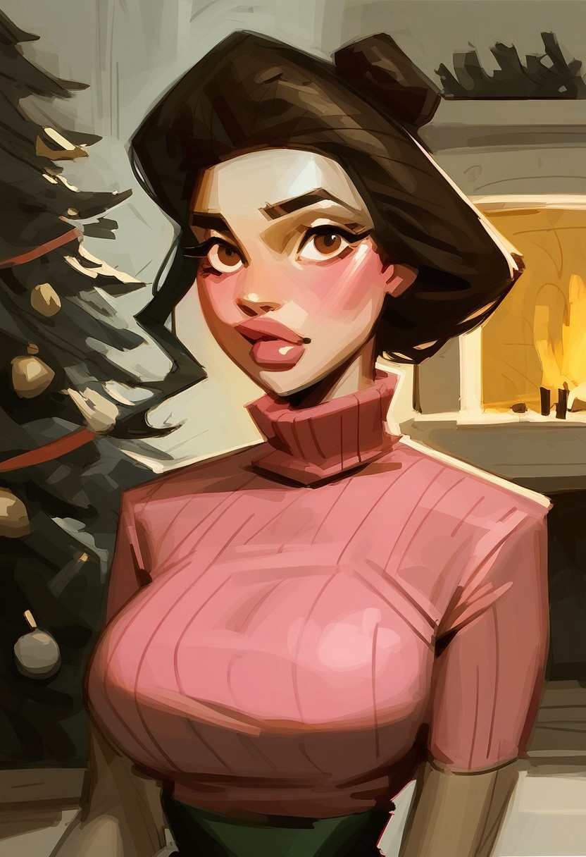 score_9, score_8_up, score_7_up, portrait, painting of wei, brown hair, solo, 1girl, brown eyes, looking at viewer, full lips, large breasts, narrow waist, shadows, charcoal sketch, blushing, high contrast, pink turtleneck sweater, indoors, Christmas tree, fireplace