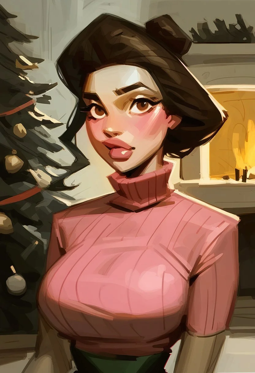 score_9, score_8_up, score_7_up, portrait, painting of wei, brown hair, solo, 1girl, brown eyes, looking at viewer, full lips, large breasts, narrow waist, shadows, charcoal sketch, blushing, high contrast, pink turtleneck sweater, indoors, Christmas tree, fireplace
