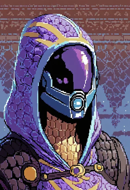 score_9, score_8_up, score_7_up, score_6_up, pixel, commodore, upper body, 1girl, Talixl, alien, hooded, helmet, visor,exosuit, multicolored exosuit, black bodysuit, purple bodysuit, honeycomb print, leg armor, digitigrade, space background,