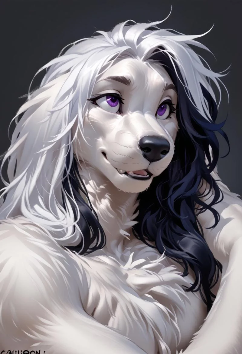 score_9, score_8_up, score_7_up, (by kittydee:1.5), (by jailbird:1.5), (by zummeng:1.5), masterpiece, best quality, (solo), 
(Furry Art: Anthro: Afghan Hound:1.5), expressive eyes, feminine eyes, perfect face, feminine face, large breasts, perfect face, (black snout fur), (white fur:1.5), (floppy dog ears:1.5), purple eyes, streaked hair, black hair with neon blue highlights, (long hair), asymmetrical bangs,  humanoid feet, barefoot, soles, (5 toes:1.5), blue nails,