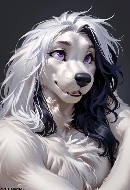 score_9, score_8_up, score_7_up, (by kittydee:1.5), (by jailbird:1.5), (by zummeng:1.5), masterpiece, best quality, (solo),
(Furry Art: Anthro: Afghan Hound:1.5), expressive eyes, feminine eyes, perfect face, feminine face, large breasts, perfect face, (black snout fur), (white fur:1.5), (floppy dog ears:1.5), purple eyes, streaked hair, black hair with neon blue highlights, (long hair), asymmetrical bangs, humanoid feet, barefoot, soles, (5 toes:1.5), blue nails,