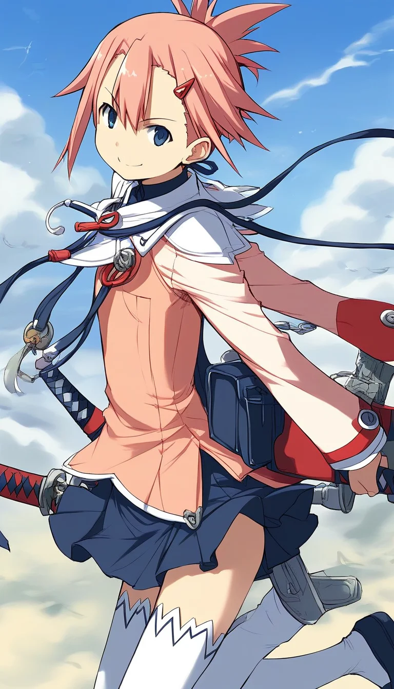 score_9, score_8_up, score_7_up, source_anime, rating_explicit, BREAK <lora:Aera_Colthearts_XL:1> Aera_Colthearts, blue eyes, hair ornament, pink hair, hairclip, short hair,
1girl, solo, thighhighs, weapon, sword, white thighhighs, zettai ryouiki, skirt, explosive, pink long sleeves, dark blue skirt,
serious smile,
blue sky, outdoor,