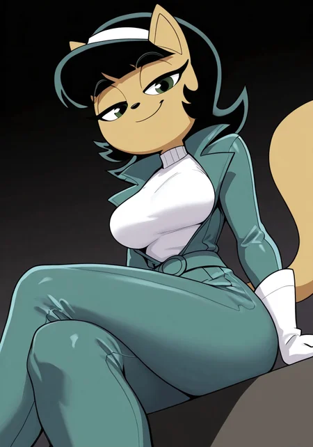 kittykatswell, masterpiece, best quality, newest, absurdres, highres, 1girl, solo, furry, furry female, anthro, kitty katswell, anthro, furry, furry female, green eyes, black hair, bangs, animal ears, tail, hairband, tan body, tan fur, jacket, white shirt, turtleneck, pants, belt, bodysuit, white gloves, sitting, legs crossed, busty breasts, eyes half closed, eyelashes, looking at viewer, seductive smile, dynamic angle, foreshortening,