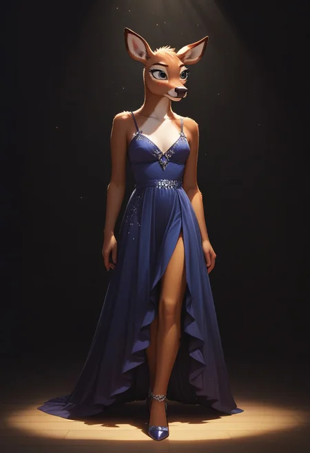 (ultra realistic, 32k, masterpiece:1.2), (high detailed skin:1.1), (high quality:1.1), source_furry,<lora:add-detail-xl:.5>, Furry, smooth image, score_7_up, score_8_up,score_9,perfect quality ,perfect shadows, perfect lighting, detailed body, female deer, ultra cute face, deer tail,moonlight, firelight, beautiful lights and shadows, ambient light, volumetric light,pennycarson,anthro, full body,night dress, standing, heels,