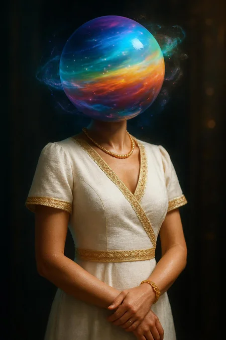 realistic, vibrant, detailed. a cinematic photograph classily depicts a prestigious beautiful woman dressed in an all white dress. The woman has no face. Her head is a sphere, a colorful gradient foreign planet, and not a human head. Her outfit is adorned by luxurious gold trim and other attire. Her skin is tan with smooth rough textures. She has a very detailed planetary sphere for her head that emits natural weather phenomenon and neon ethereal ozonous layers, swirls, and hues. The image is sharp and professional with studio quality. The contrast and style is very sharp, but liquid and vivid. Gorgeous background and details with subtle hints of illumination. glass, ether, spirit, breath, light, energy. Particles, high density quality, vibrant colors and hues. The overall style of the image is highly stylish, dynamic and free-flowing elegance., modest, sfw