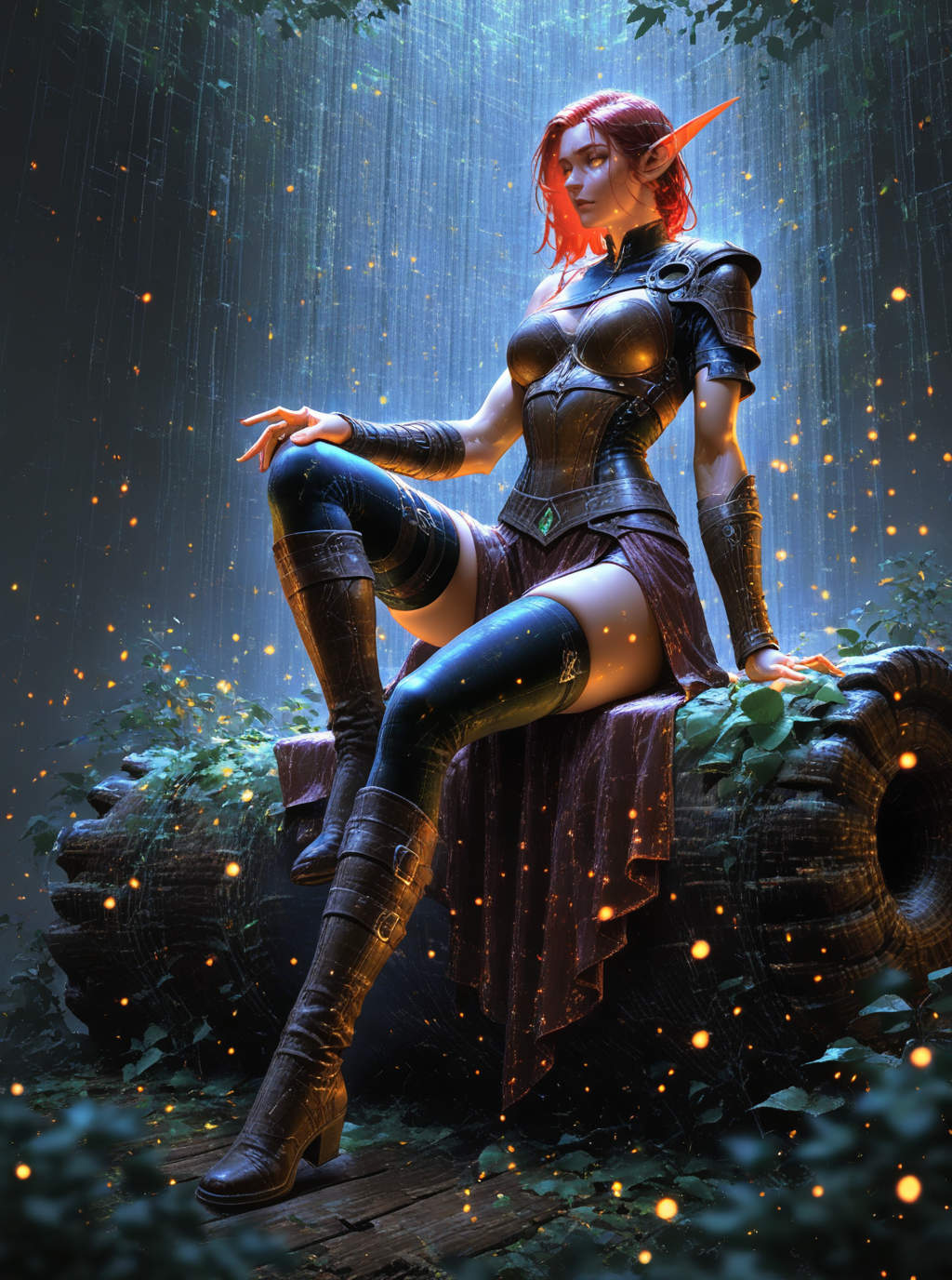 sref1330745854, beautiful elf ranger girl sitting on wooden log in the woods, full body, leather armor, short red hair, leafs particles, legwear, boots, short sleeves, bracers, asymmetrical clothes, solo  <lora:sxz-sref1330745854:1>
