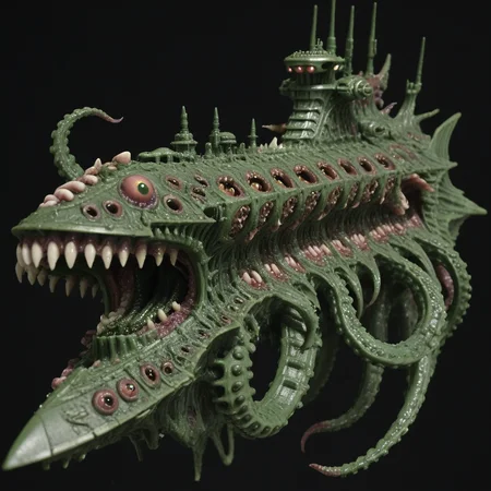 <lora:Chaos_Warfleet_-_Warhammer_40000_SDXL:1>chaoswarfleet, green battleship,space,warp,distortion,nightmare,bones,pus,rot,tentacles,eyes,tongues,tentacles,flesh,mouths,twisted,