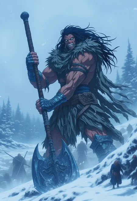 <lora:NeonFantasyPrimeFLUX-000049:1> ne0nfant4sy,
A half-giant berserker, her towering, muscular frame draped in furs, stands in the midst of a blizzard, wielding a massive, double-headed axe. Her bronze skin is slick with sweat and snow, her wild, black hair whipping around her face as her deep green eyes blaze with fury. Her breath comes in visible clouds, each exhale mixing with the freezing wind that howls around her. Her armor, battered and torn from countless battles, barely covers her broad shoulders and chest, leaving her powerful arms exposed. The snow-covered battlefield behind her is littered with the bodies of her enemies, the icy ground slick with blood. Her grip tightens on the axe, its blade glowing faintly with an enchanted blue light, reflecting the harsh white of the snowstorm. Her expression is one of unrelenting rage, teeth bared as she roars into the storm. Around her, the wind swirls, whipping snow and ice in every direction, but she stands firm, a force of nature unto herself. The cold does not touch her, and the storm only seems to fuel her fury.