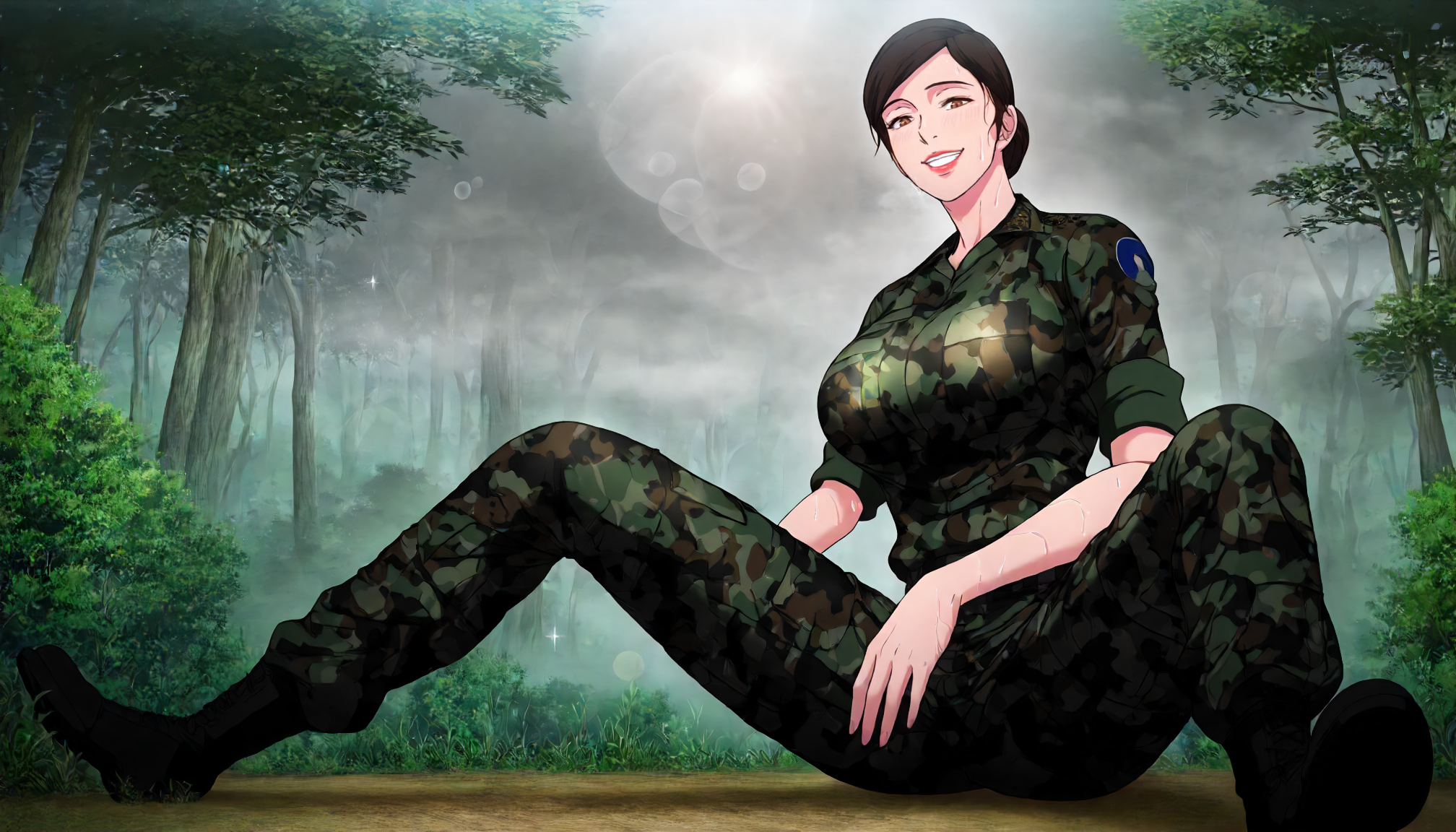 <lora:SHJ_Sodaejang>,
masterpiece,best quality,good quality,newest,
outdoors,nature,glitter,lens_flare,fog,
half-closed eyes,grin,sweat,
looking at viewer,looking down,looking to the side,
from below,
solo,
SHJ_Sodaejang,1girl,brown eyes,brown hair,low bun,lipstick,breasts,camouflage,military uniform,sleeves rolled up,
full body,standing,
sitting,arched_back,spread legs,