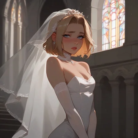 Expressiveh, score_9, score_8_up, score_7_up, score_6_up, score_5_up, score_4_up,
best quality, highly detailed, ultra high quality, masterpiece, high res, godrays,
Shy, blushing, aroused,
1femboy, (pretty face:1.1), (skinny:1.2), slim body, flat chest under clothing, open chest, cleavage, standing, at altar, white dress, wedding dress, tight dress, blonde hair, longe hair, beautiful stylish hair, shy look, embarrassed, looking at viewer, solo, in church, sun light, side view, view from side, waiting,