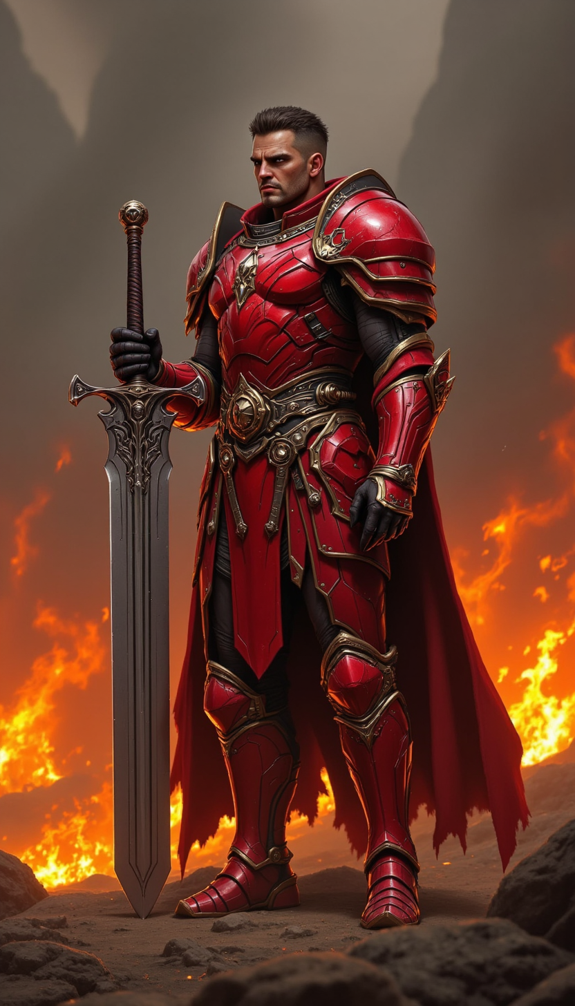 pinkfluxproultrafantasia, 
A man in crimson armor, holding a massive broadsword, standing in a battlefield strewn with glowing embers. His face is stoic yet scarred, revealing his veteran status.