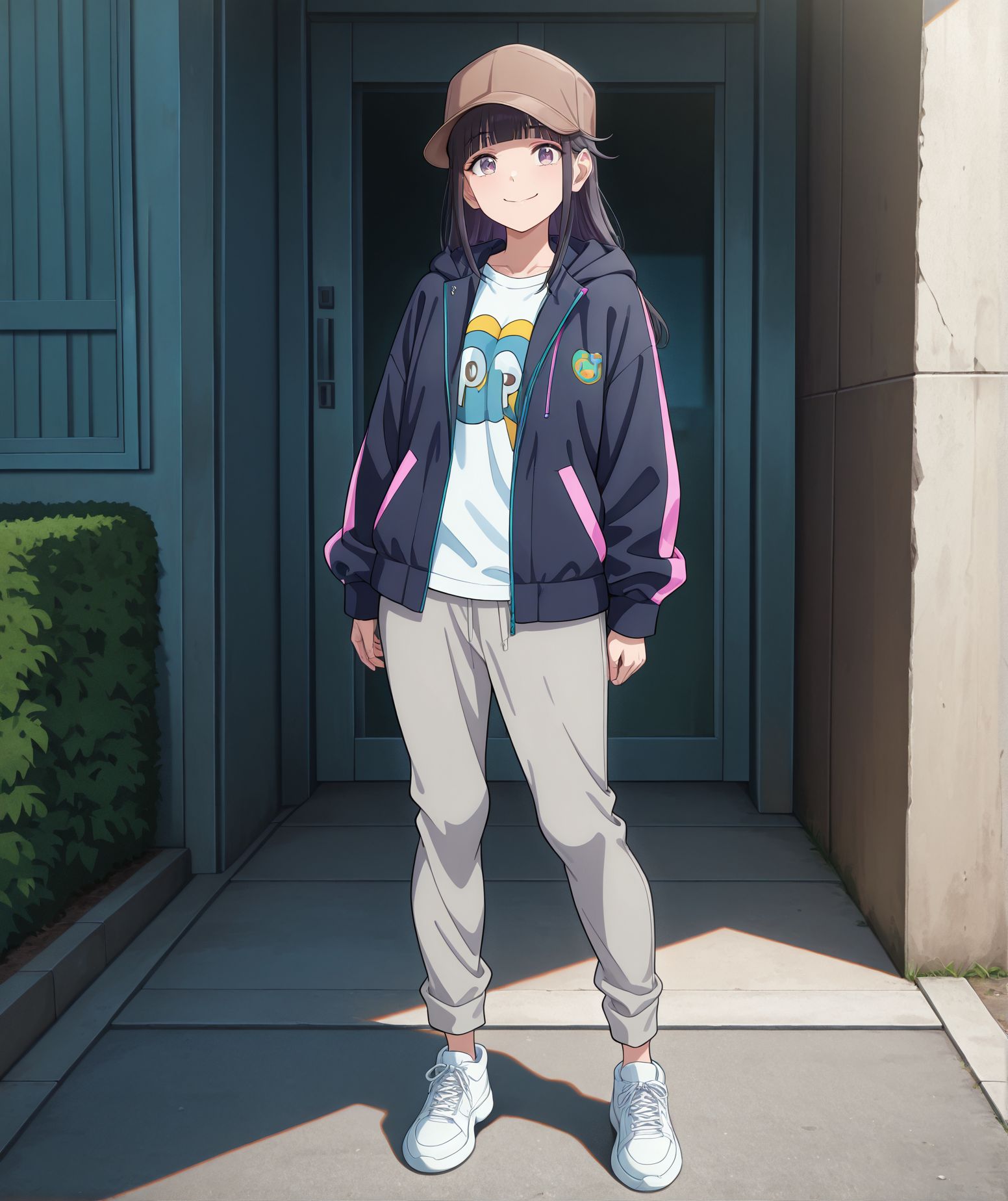masterpiece,best quality,amazing quality,very aesthetic,absurdres,newest, huge filesize, 
<lora:spo_sdxl_10ep_4k-data_lora_webui:0.5>,anime screenshot, 2d anime,anime coloring, 
<lora:add-detail-xl:1>  
<lora:Paripi_Koumei_V1:1>
Paripi_KoumeiV1,1girl, standing, full body,  outdoors, grey pants, printen t-shirt, long sleeves, 
solo,smile,long hair,looking at viewer, hood down, black open jacket,  brown eyes, 
black hair,bangs,purple eyes,
closed mouth,blunt bangs,portrait,,brown headwear,
p_kuon,