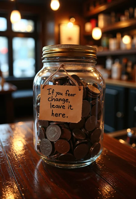 cinematic photo . A large glass jar filled with small coins sits on a countertop in a cozy bar. Attached to the jar is a neatly handwritten note that reads: 'If you fear change, leave it here.' The jar gleams under the soft lighting, inviting patrons to drop in their spare change.. . 35mm photograph, film, bokeh, professional, 4k, highly detailed
