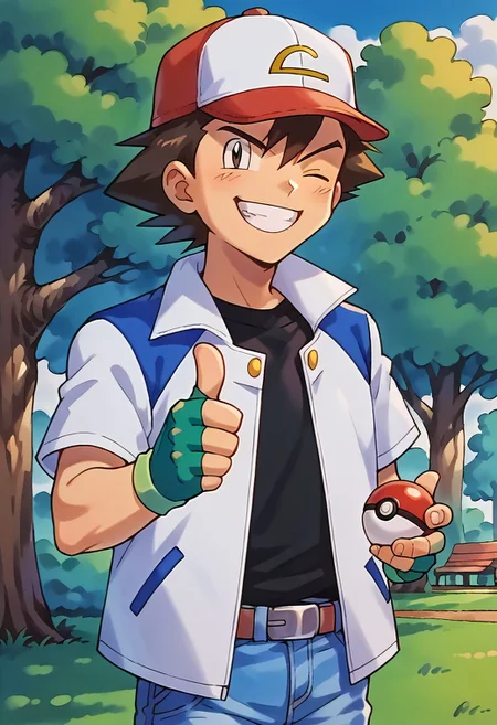 score_9, score_8_up, score_7_up, score_6_up, source_anime,
1boy, solo, ash_kanto, baseball cap, jacket, black shirt, fingerless gloves, denim pants, looking at viewer,
gangstersb, thumbs up, one eye closed, grin, holding poke ball, portrait, torso crop,
outdoors, park, grass, trees,
ken sugimori, watercolor,
masterpiece, highly detailed,