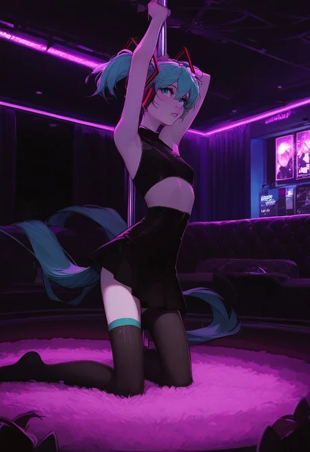 score_9,score_8_up,score_8,score_9,(((pastel colors, high contrast,expressiveh,20 year old,hastsune miku)))(aqua eyes,aqua hair, short hair,twintails,pale skin, black thighhigh socks,black dress,,closeup,) ((1girl,small chest,slim,skinny,petite,detailed eyes,))epiCPhoto,perfecteyes,indoors,night,carpet,stage,stripper pole,curtains,table,lamp,stripclubpony1,club,strip club,neon lights,ceiling light,stripper stage,neon stage,t-stage,neon stripper stage