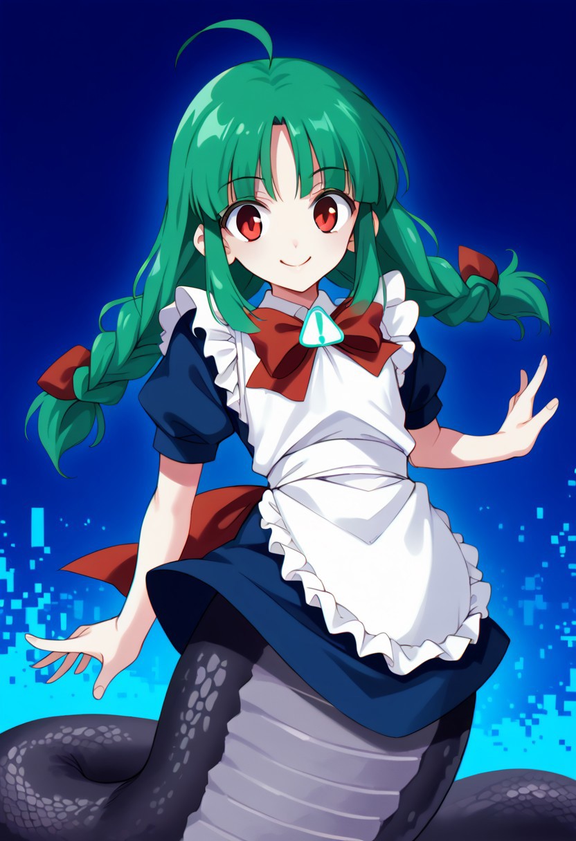 score_9, score_8_up, score_7_up, score_6_up, 1girl, solo, me-tan, bright green hair, ahoge, twin braids, blue dress, red bow, white apron, puffy short sleeves, flat chest, evil smile, monster girl, red eyes, lamia, corrupted. blue background, Glitch Aesthetic, dynamic pose, dynamic angle, dutch angle, glitchy, covered erect nipples, chromatic aberration, retro glitch, anamorphic lens distortion style