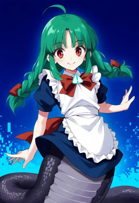 score_9, score_8_up, score_7_up, score_6_up, 1girl, solo, me-tan, bright green hair, ahoge, twin braids, blue dress, red bow, white apron, puffy short sleeves, flat chest, evil smile, monster girl, red eyes, lamia, corrupted. blue background, Glitch Aesthetic, dynamic pose, dynamic angle, dutch angle, glitchy, covered erect nipples, chromatic aberration, retro glitch, anamorphic lens distortion style