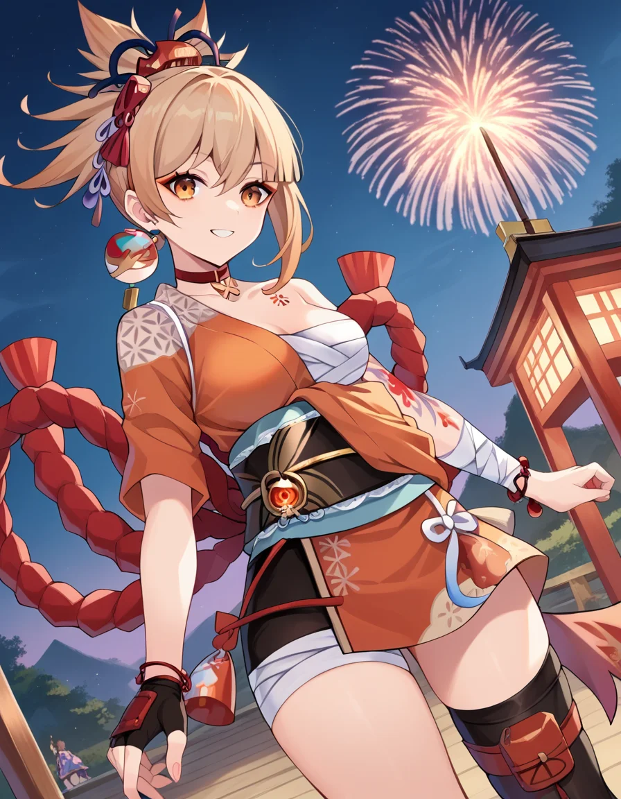 score_9, score_8_up, score_7_up, source_anime,
yoimiya, <lora:yoimiya-ponyxl-lora-nochekaiser:1>,
yoimiya, bangs, blonde hair, hair ornament, hair between eyes, ponytail, sidelocks, orange eyes, light brown hair, smile,
thighhighs, gloves, jewelry, japanese clothes, choker, fingerless gloves, kimono, bracelet, sash, tattoo, bandages, obi, rope, asymmetrical legwear, pouch, sarashi, bandaged arm, red choker, arm tattoo, shimenawa, bandaged leg, chest tattoo, hadanugi dousa, orange kimono, single fingerless glove,
outdoors, shrine, fireworks, festival,
looking at viewer, dutch angle, cowboy shot,