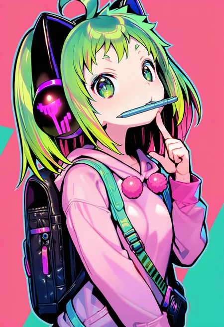 masterpiece, best quality,<lora:GyokaiXL_ANI31_lokr_V53P1:0.95> 1girl, animal ear headphones, solo, cat ear headphones, fake animal ears, green hair, animal ears, headphones, green eyes, hood, long sleeves, looking at viewer, upper body, pink hoodie, ahoge, backpack, hood down, bag, cat ears, hoodie, mouth hold, index finger raised, hand up, pen