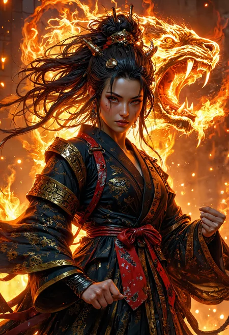 cyberpunk geisha warrior is depicted in a heroic, glorified pose, her body frozen in a powerful, dynamic karate stance. hands clenched into fists. Her hair, adorned with high-tech devices, catches the dramatic backlighting. Behind her, a fiery, abstract tiger head snarls, hinting at her fierce combat style. The scene is bathed in a golden glow, blending industrial steampunk elements with Japanese motifs, presenting her as a larger-than-life, legendary figure ready for battle. realistic photo, atmospheric haze, extremely high quality edited photograph, high contrast, edited in adobe lightroom, vivid colors, perfect white balance, using Broncolor Flash, limited dark palette, 4k, sharp focus, high resolution, 8k UHD, DSLR, high quality, film grain, Phase One, <lora:FluxMythP0rtr4itStyle.safetensors:0.5>, mythp0rt <lora:FluxDFaeTasticDetails.safetensors:0.5>,
