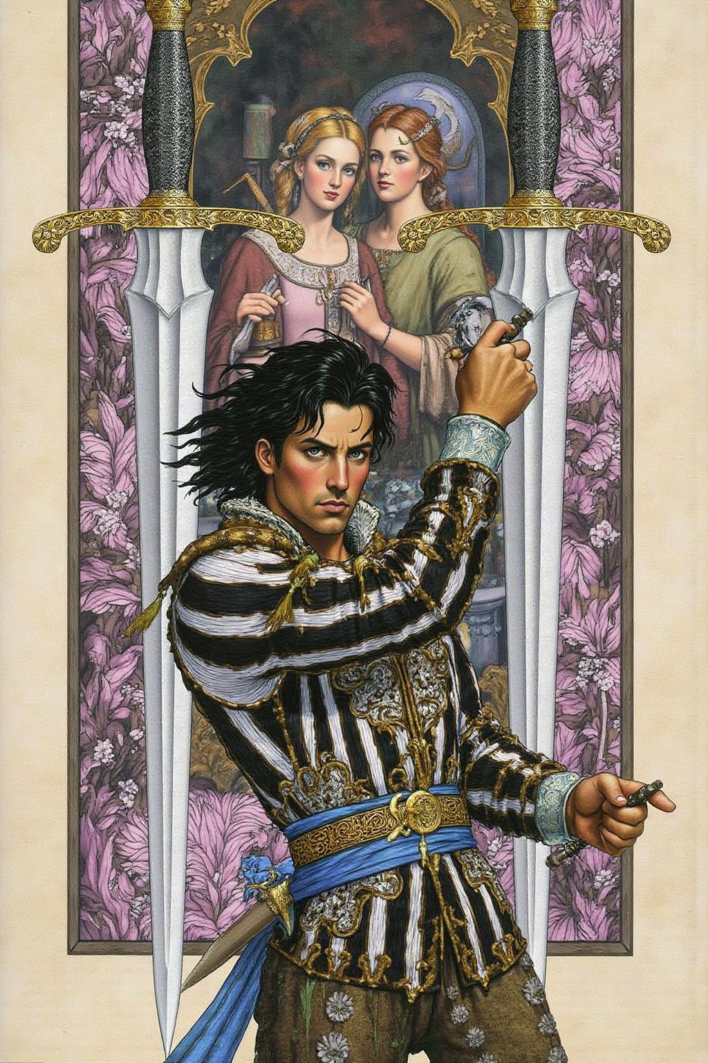 jole1 illustration.
A man with dark, tousled hair, dressed in a medieval costume with a white and black striped tunic, adorned with intricate golden embroidery. He wears a blue sash around his waist and a silver belt with a decorative buckle. He holds two large, ornate swords with intricate hilts and pommels, one in each hand, poised as if ready for battle. The background features two daggers, along with a painting of two women. <lora:jole1_cap_d6a3e12:1.0><lora:825857374477801643:0>