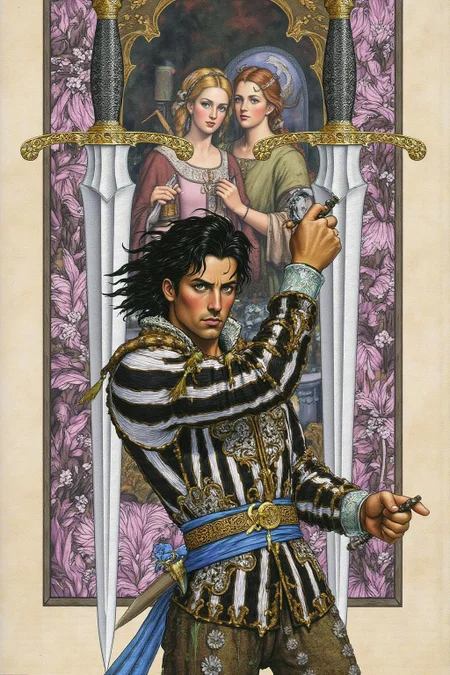 jole1 illustration.
A man with dark, tousled hair, dressed in a medieval costume with a white and black striped tunic, adorned with intricate golden embroidery. He wears a blue sash around his waist and a silver belt with a decorative buckle. He holds two large, ornate swords with intricate hilts and pommels, one in each hand, poised as if ready for battle. The background features two daggers, along with a painting of two women. <lora:jole1_cap_d6a3e12:1.0><lora:825857374477801643:0>