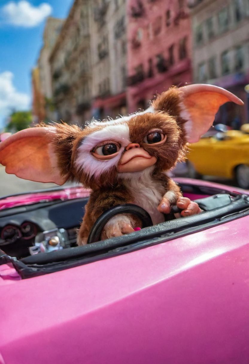 #giz#, (gremling driving a pink convertible car toy , Hands the steering, wheel down, hair moving through speed  :1.0) , amazing world, vivid colors, detailed , portrait in street of city, ( ultrarealist photography :1.3)