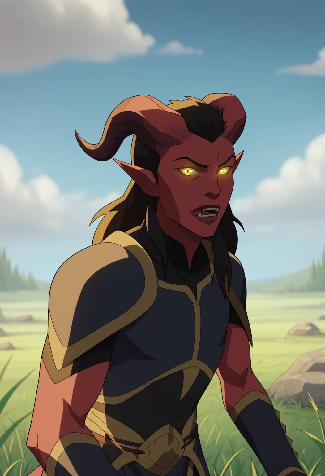score_9, score_8_up, score_7_up, BREAK,
1boy, portrait, tiefling warrior, black hair, red skin, horns, long tail, yellow eyes, glowing eyes, open mouth, fangs, armor,
solo, looking at viewer, outdoors, blue sky, grassland, grass, cloud, <lora:VoxMachinaV2XLLocon_byKonan:1>