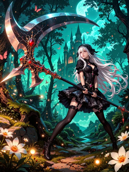 smooth_quality_illustrious-pos, (masterpiece:1.2), (best quality:1.2), (amazing quality:1.2), (realistic:1.2), (very aesthetic:1.1), high-resolution, absurdres, newest, very detailed, detailed background, rule of thirds, (solo:1.1), dramatic composition, cinematic, dramatic lighting, perfect hands, the stunning young woman cktiarafff stands defiantly on a moonlit glade in a mystical forest (at night:1.2), holding a long ornate black battle staff with both hands, she is wearing a frilly (black dress:1.2) with white accents, the dress comes with black frilled cuffs on each wrist and a black frilled headband with a bow on each side of the head, she also wears white stockings, around her neck she has a black ribbon with a brilliant pink shimmering gem, her very long white hair is flowing in the night breeze, fireflies roam the forest, the night sky is full of stars, small herbs, grass, wildflowers, moss, vines, in the far distance the shadowy dark silhouette of an ominous gothic castle can be seen, artist:moriimee, ovg, sunrise stance, foreshortening, huge weapon, legs apart, fighting stance, <lora:tiara-fairy_fencer-illustrious-by_chronoknight:0.84> <lora:sunrise_stance-illustrious-by_ibukimakisiko:1.0> <lora:dramatic_lighting_slider-illustrious-by_klaabu:3.4> <lora:style-moriimee_gothic_niji-illustrious-by_tentacles_riders:0.6>