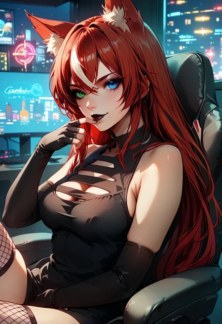 score_9, score_8_up, score_7_up, source_anime, best quality anime, intricate details, 1girl, Bomba, solo, red hair, fox ears, blue eye, green eye, heterochromia, black eyeliner and mascara, long eyelashes, dark eyeshadow, black lipstick, long hair, hair between eyes, bangs, medium breasts, black oversized tank top, cleavage cutout, one areola slip, one bare shoulder, black elbow gloves, fingerless gloves, mismatched leggings, fishnet thighhigh, striped thighhigh, front view, smirk, legs up, finger on mouth, sitting on chair, gaming chair, gaming bedroom, night, neon lights, detailed background, highly detailed, dynamic angle, dynamic pose, vivid colors