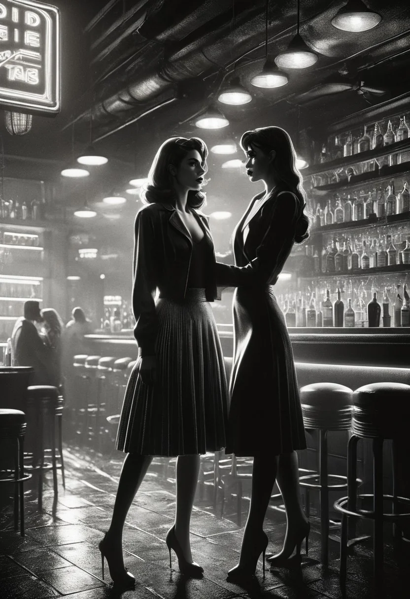 safe_pos, score_9, score_8_up, score_7_up, score_6_up, 2 girls, hugging, hugged from behind, mad-sincity, noir, monochrome, very aesthetic, masterpiece, best quality, highres, absurdres, cinematic lighting, dynamic angle, detailed, intricate details, perfection,
BREAK,
2girls, ((duo)), 24yo, beautiful face, full lips, long hair, medium breasts, nightclub,
BREAK,
short skirt, crop top, waitress, sweater
in a crowded bar, people in the background,