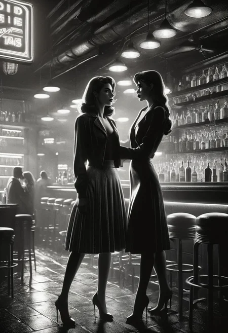 safe_pos, score_9, score_8_up, score_7_up, score_6_up, 2 girls, hugging, hugged from behind, mad-sincity, noir, monochrome, very aesthetic, masterpiece, best quality, highres, absurdres, cinematic lighting, dynamic angle, detailed, intricate details, perfection,
BREAK,
2girls, ((duo)), 24yo, beautiful face, full lips, long hair, medium breasts, nightclub, 
BREAK,
short skirt, crop top, waitress, sweater
in a crowded bar, people in the background,