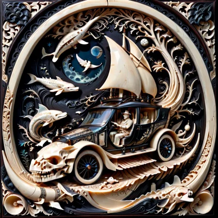 lazypos, fantasy car, made out of,ebony,ivory,scrimshaw,bone carving, sharp focus, fantasy background,