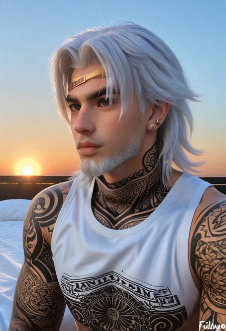 Gay++, homoerotic, hyper masculine, solo, (white hair, white body hair, white beard), (((male))), sheets covering body, in the bedroom, sitting on bed, headshot, sunrise, 20yo, gray eyes, scruffy, confident, (medium hair), ((athletic, narrow waist, wide shoulders)), cocky, gigachad, scruffy, shaggy, head tilted back++, face freckles, earrings, nose piercing, eyebrow piercing, blackout tattoos, tattoos, white tank, BREAK
Portrait photo, relaxed, in bed, morning, sunrise, (warm lighting)
bokeh, highly detailed, Fujifilm XT-4,
LanGe, LanGe_silver-blue-hair, LanGe_long-medium-wavy-hair, LanGe_dark-eyebrows,  LanGe_gray-eyes, LanGe_asian-shaped-eyes, LanGe_golden-head-ornament,