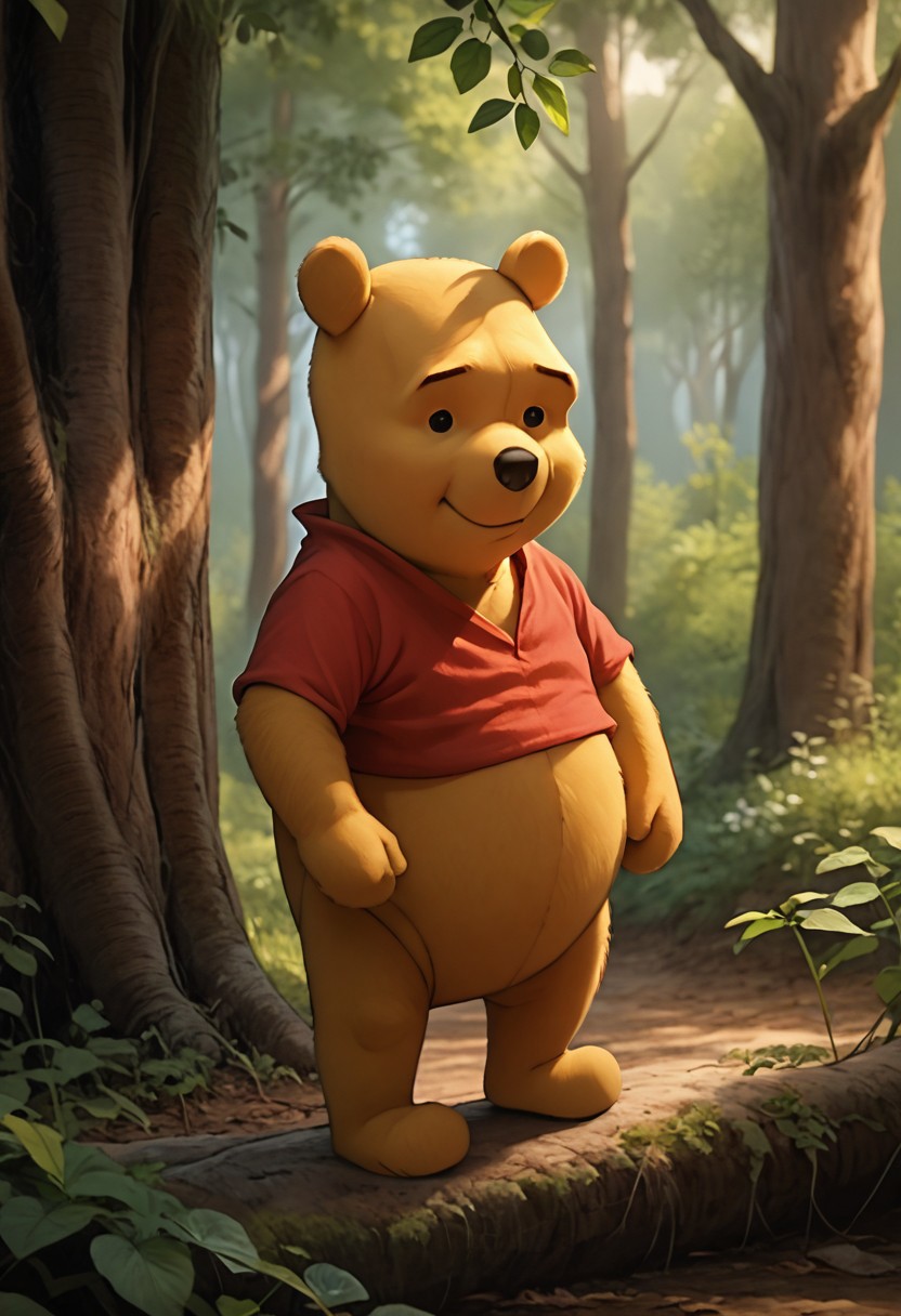 score_9, score_8_up, score_7_up, score_6_up, winniethepooh, solo, red shirt, shirt, 1boy, furry male, bear, short sleeves, black eyes, cute, standing in the forest,  trees, flowers, sunshine, facing viewer, looking at viewer, listening, concerned, friend, close up face, expressive face, caring, photorealistic render