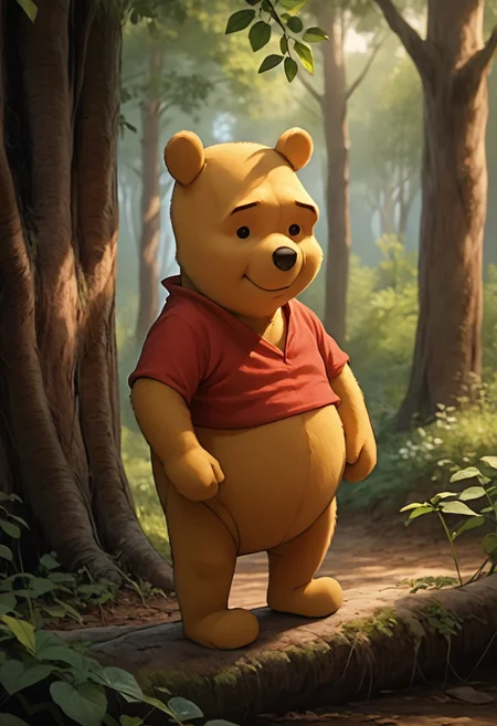 score_9, score_8_up, score_7_up, score_6_up, winniethepooh, solo, red shirt, shirt, 1boy, furry male, bear, short sleeves, black eyes, cute, standing in the forest, trees, flowers, sunshine, facing viewer, looking at viewer, listening, concerned, friend, close up face, expressive face, caring, photorealistic render