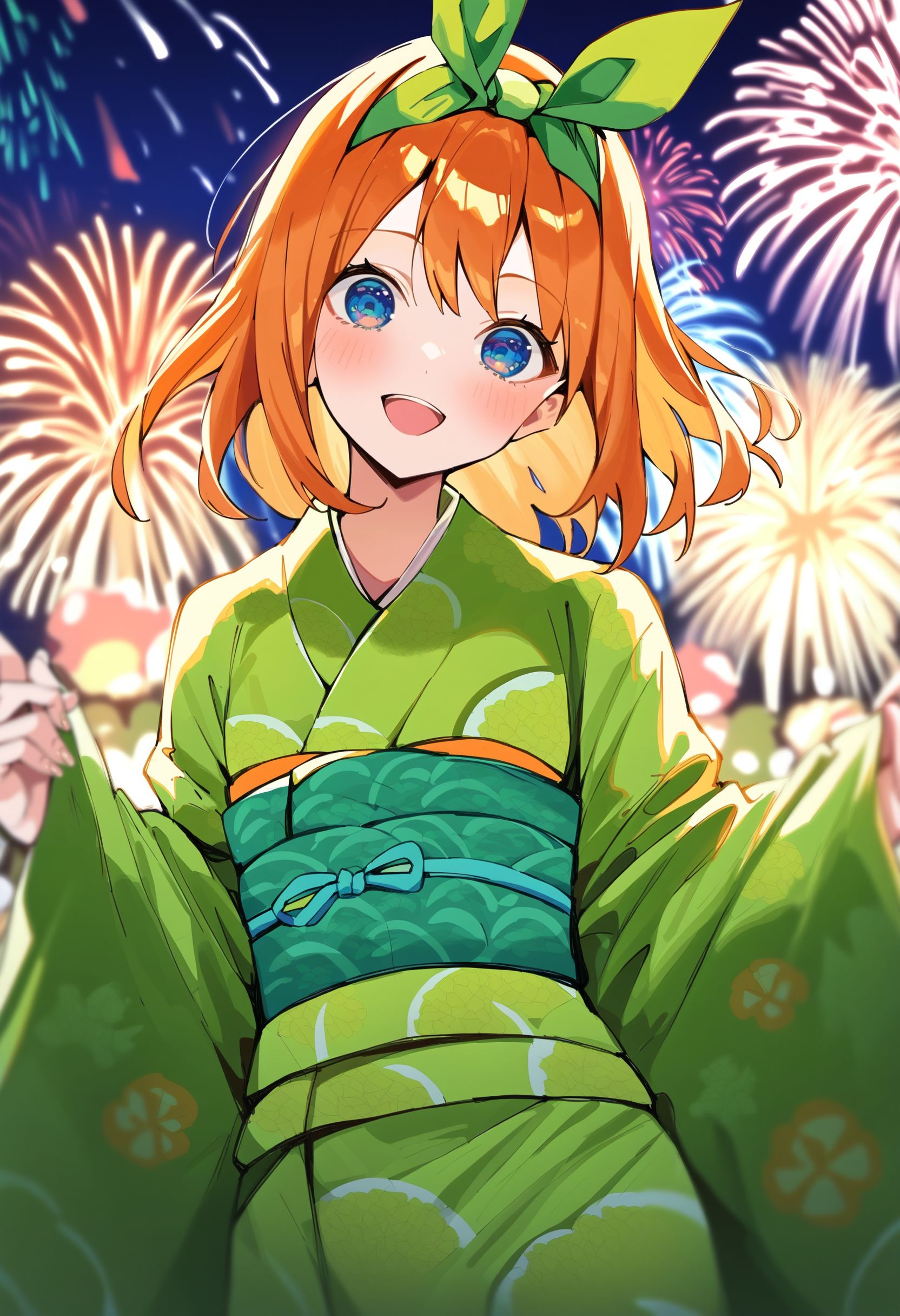 score_9, score_8_up, score_7_up, score_6_up, source anime,
abustoypnxl, nakano yotsuba, green hairband with ribbon, 1girl, blue eyes, solo, orange hair, upper teeth only, open mouth, green print  kimono, obi
,
looking at viewer, smile, blush,
outdoors, night, fireworks, depth of field, foreshortening, cowboy shot,
masterpiece, best quality, very aesthetic, absurdres
<lora:quintessential_quintuplets:1>