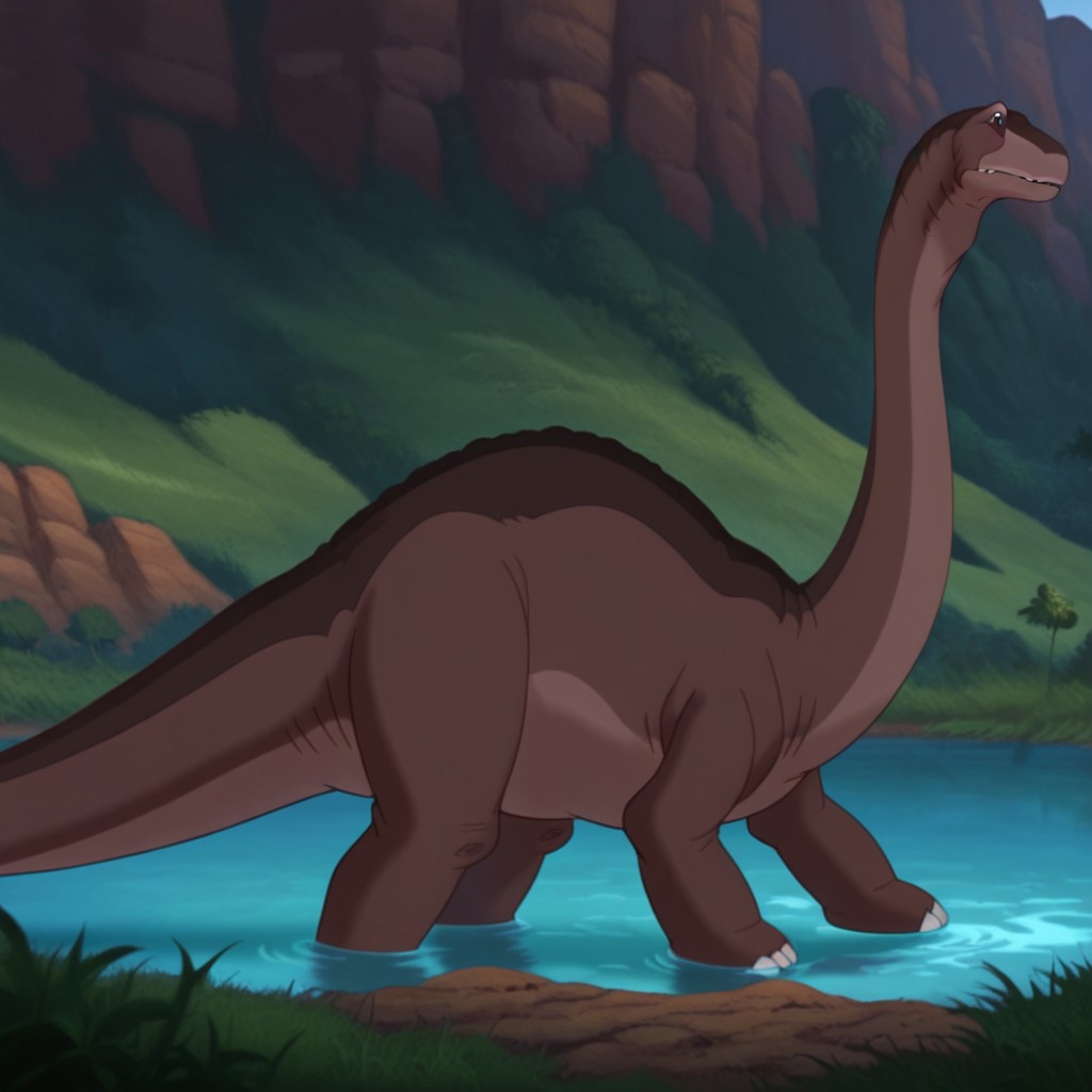 masterpiece, best quality, amazing quality, bronlbtil, feral, male, Apatosaurus, dinosaur, brown skin, long neck,  wading, in a lake