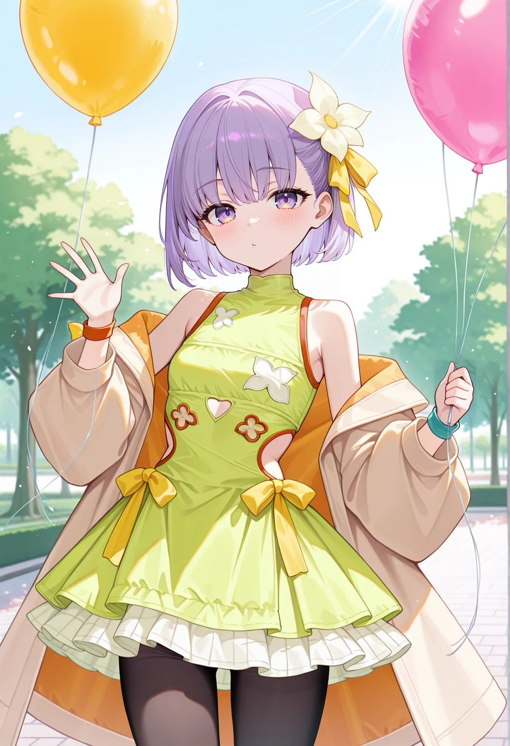 1girl, solo, holding balloon, outdoors, park, sunlight, waving, short hair, purple hair, purple eyes, ribbon, hair flower, short dress, clothing cutout, frills, coat, off shoulder, wristband, black pantyhose <lora:Kazuradrop_Illus:1>, masterpiece, best quality, amazing quality, very aesthetic, absurdres, highres, newest