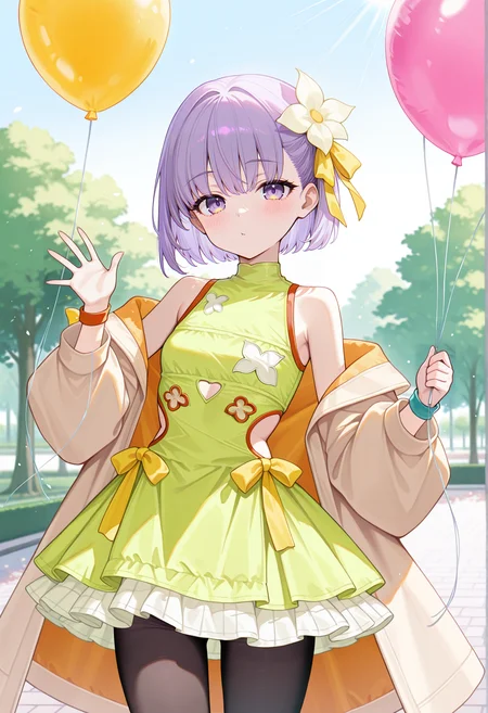 1girl, solo, holding balloon, outdoors, park, sunlight, waving, short hair, purple hair, purple eyes, ribbon, hair flower, short dress, clothing cutout, frills, coat, off shoulder, wristband, black pantyhose <lora:Kazuradrop_Illus:1>, masterpiece, best quality, amazing quality, very aesthetic, absurdres, highres, newest