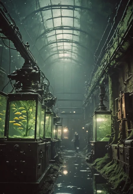 stasis tank with fishes and algae, backlight, a dark eerie laboratory background, cables, bubbles, cyberpunk, closeup portrait, atmospheric haze, Film grain, cinematic film still, shallow depth of field, highly detailed, high budget, cinemascope, moody, epic, OverallDetail, gorgeous, 2000s vintage RAW photo, photorealistic, candid camera, color graded cinematic, eye catchlights, atmospheric lighting, skin pores, imperfections, natural, shallow dof, deep blacks, high monochrome contrast,