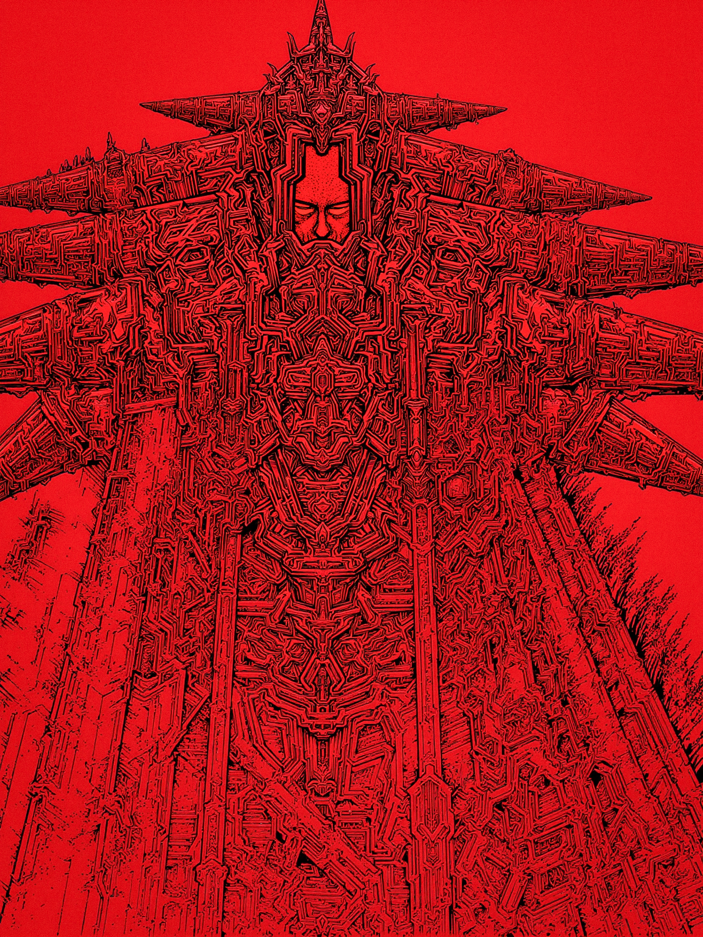 "Show a large, mechanical creature dominating the scene, with intricate patterns and a deep red color palette." <lora:metal_hurlant_v1:2>