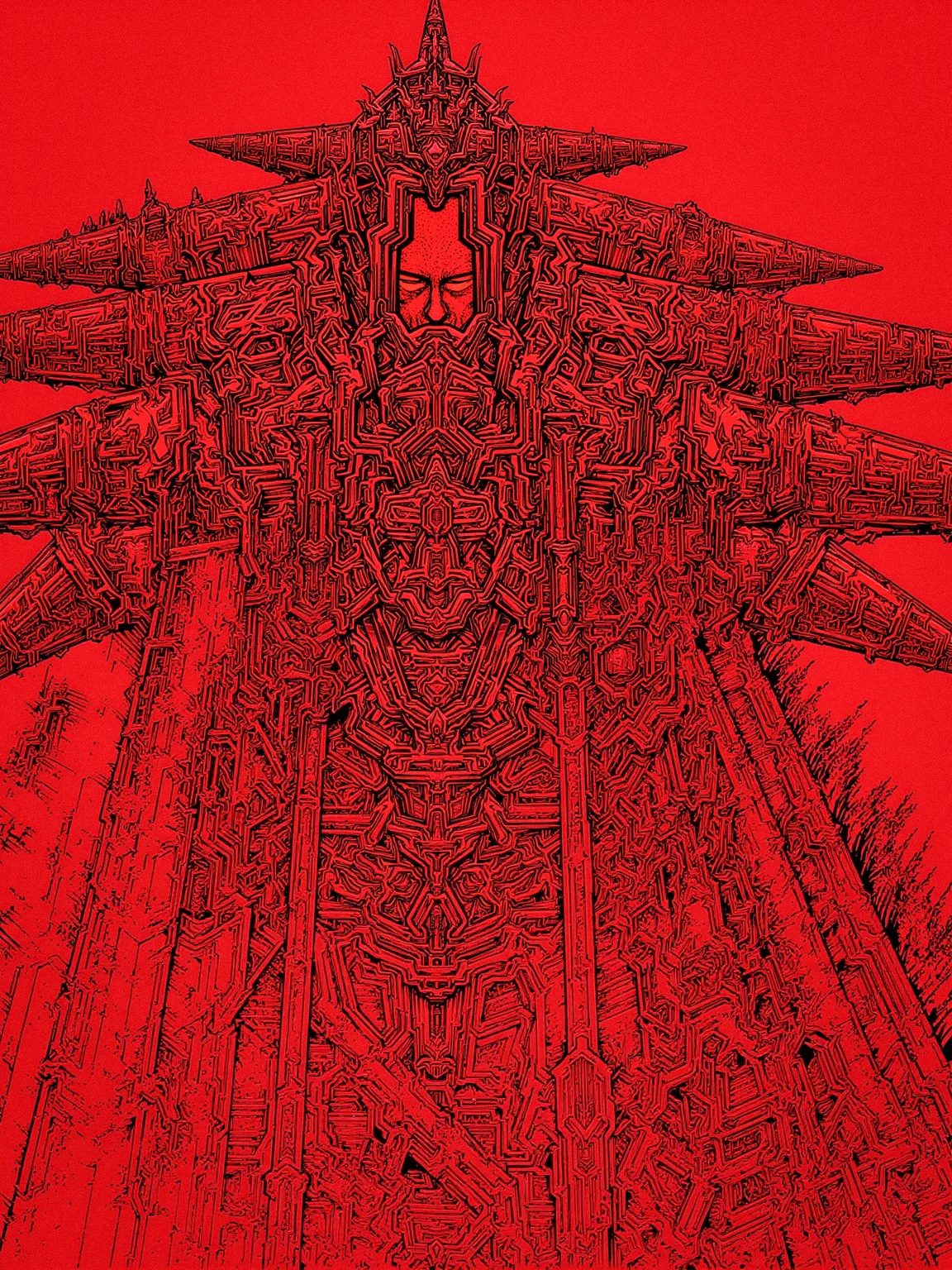 "Show a large, mechanical creature dominating the scene, with intricate patterns and a deep red color palette." <lora:metal_hurlant_v1:2>