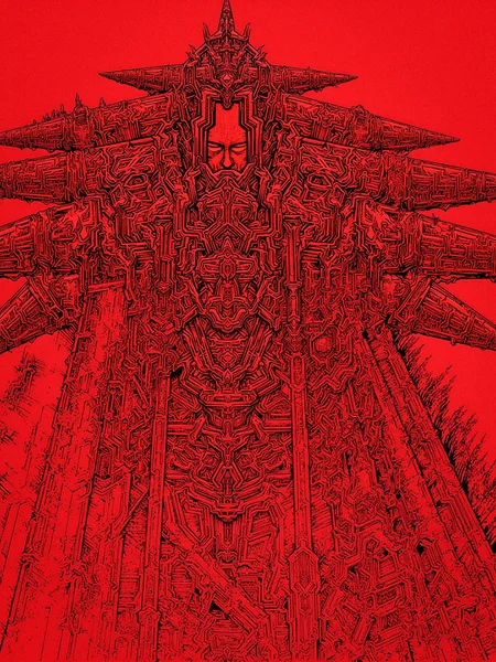 "Show a large, mechanical creature dominating the scene, with intricate patterns and a deep red color palette." <lora:metal_hurlant_v1:2>