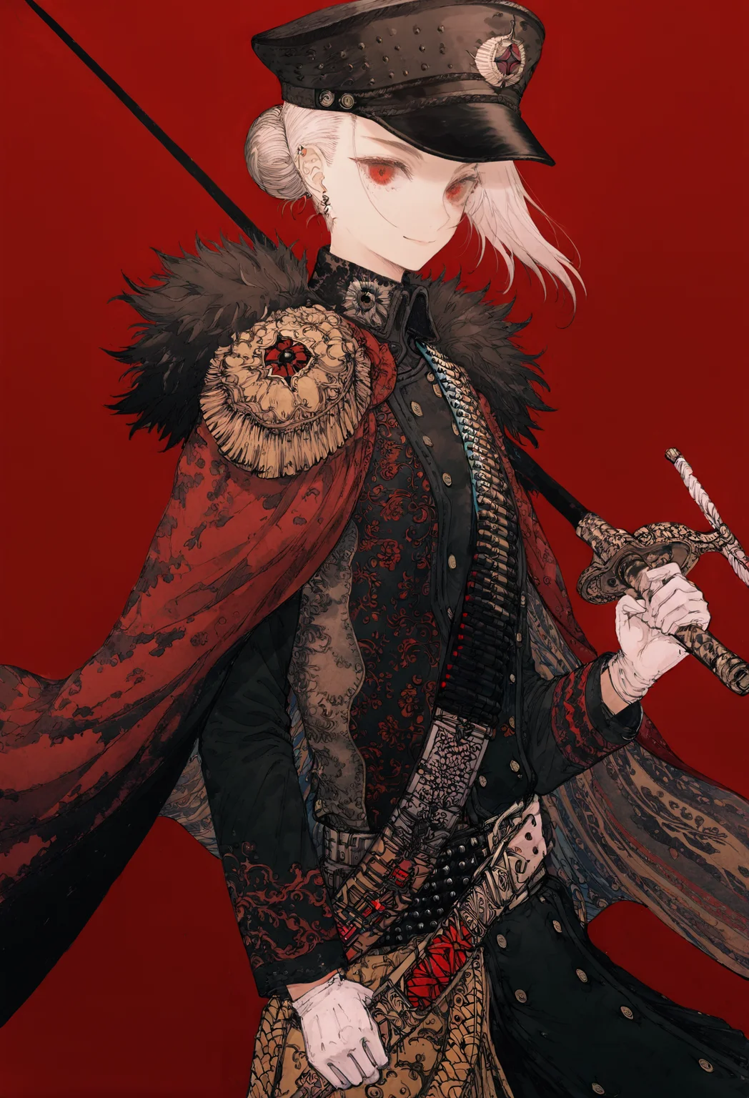 1girl, 
solo, red background, red eyes, earrings, hat, jewelry, holding, weapon, hair bun, single hair bun, looking at viewer, red theme, belt, closed mouth, white hair, uniform, military uniform, holding sword, long sleeves, military, black headwear, imperial war flag, simple background, sword, jacket on shoulders, military hat, jacket, smile, short hair, red cape, cape, gloves, fur-trimmed cape, buttons, holding weapon, peaked cap, double-breasted,
.
masterpiece, best quality, very aesthetic, absurdres
 <lora:monfornoob:0.95>