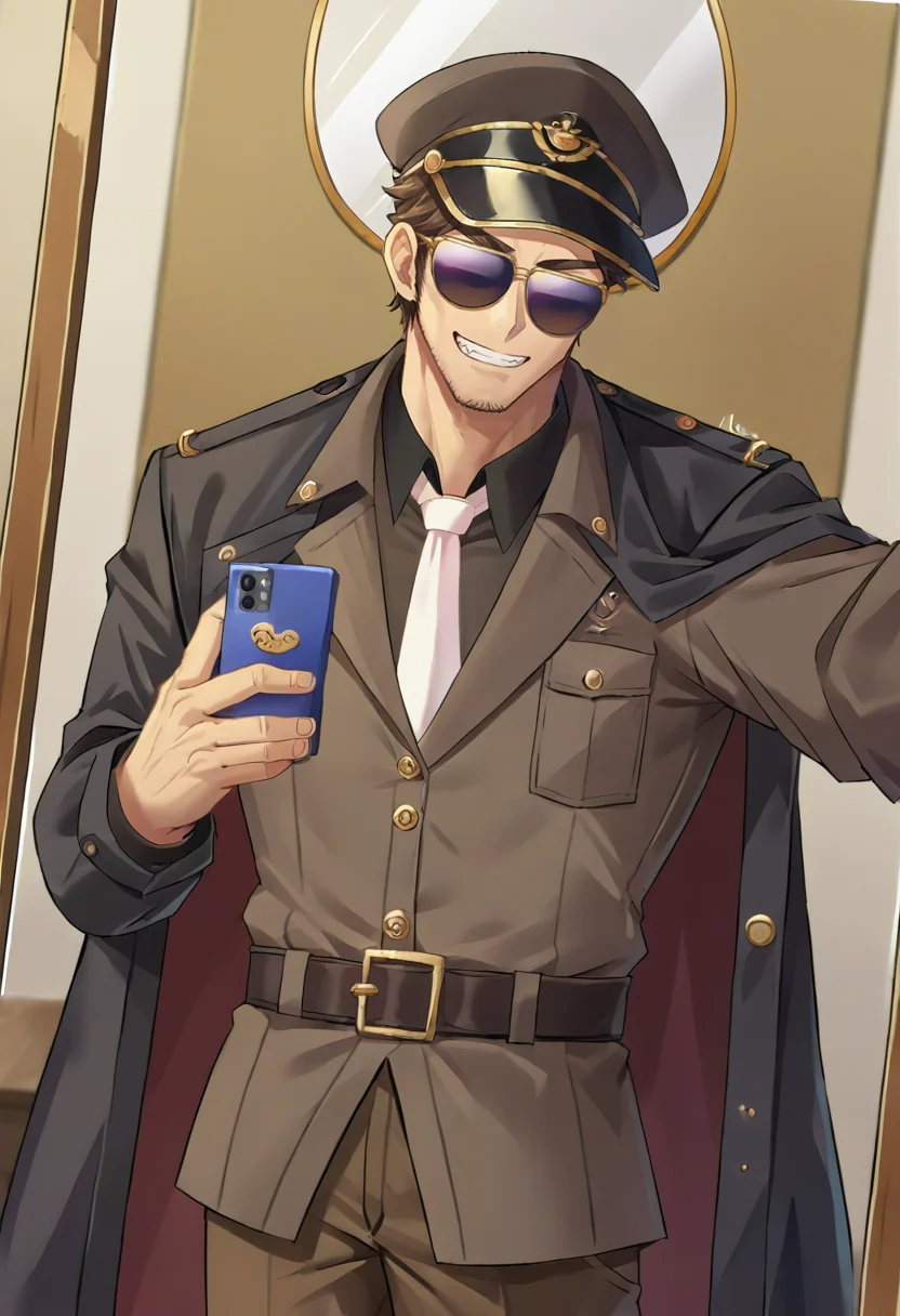 source_9,source_8_up,source_7_up,jeloandersen,solo,indoors,mirror,selfie,mature male,brown hair,sunglasses,peaked cap,black coat,brown jacket,white necktie,belt,brown pants,looking at mirror,smirk,teeth,naughty face,<lora:Andersen-JeloXL:1>,