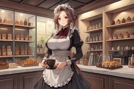 score_9, score_8_up, score_7_up, score_6_up, source_anime, BREAK, <lora:Mistel:0.8> , misdef, 1girl, long hair, brown hair, red eyes, hair bun, hair ribbon, ribbon, looking at viewer, smile, closed mouth, serene, large breasts, (mature woman), (black maid outfit), maid headdress, cowboy shot, <lora:zy_Detailed_Backgrounds_v1:0.3> , detailed background, highly detailed, indoor, shop, cafe, coffee shop, clutter,  <lora:backgroundsetXL:0.4> , background,  <lora:m31d0n0XLP:0.8> , m31d0n0, maid,