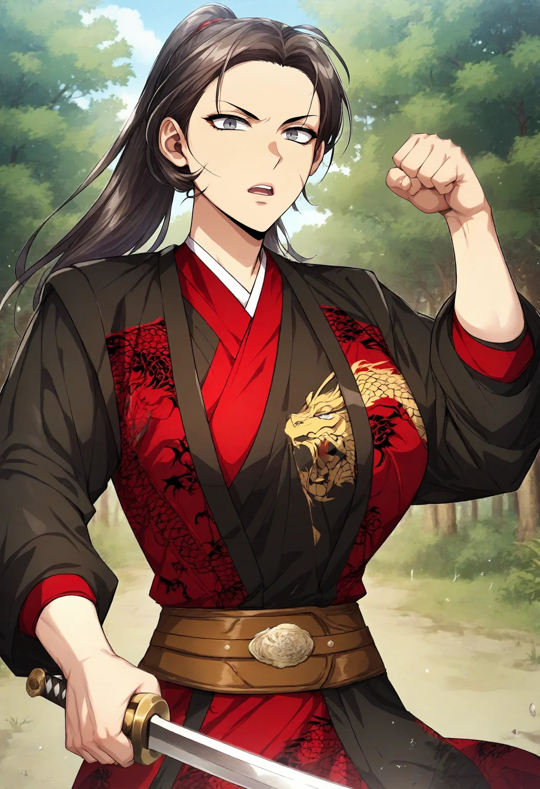 score_9, score_8_up, score_7_up, score_6_up, source_anime, rating_explicit, 1girl, (solo:1.1), huge breasts, <lora:So Ryu prefectPonyxl:0.9> ponytail, long hair, brown hair, grey eyes, black hair, (scar on face:0.8), chinese clothes, black robe, red kimono, dragon print, brown belt, long sleeves, serious, open mouth, forest, outdoors, looking at viewer, holding sword, (fighting stance:1.1), sword, clenched hand, (front view:1.2)