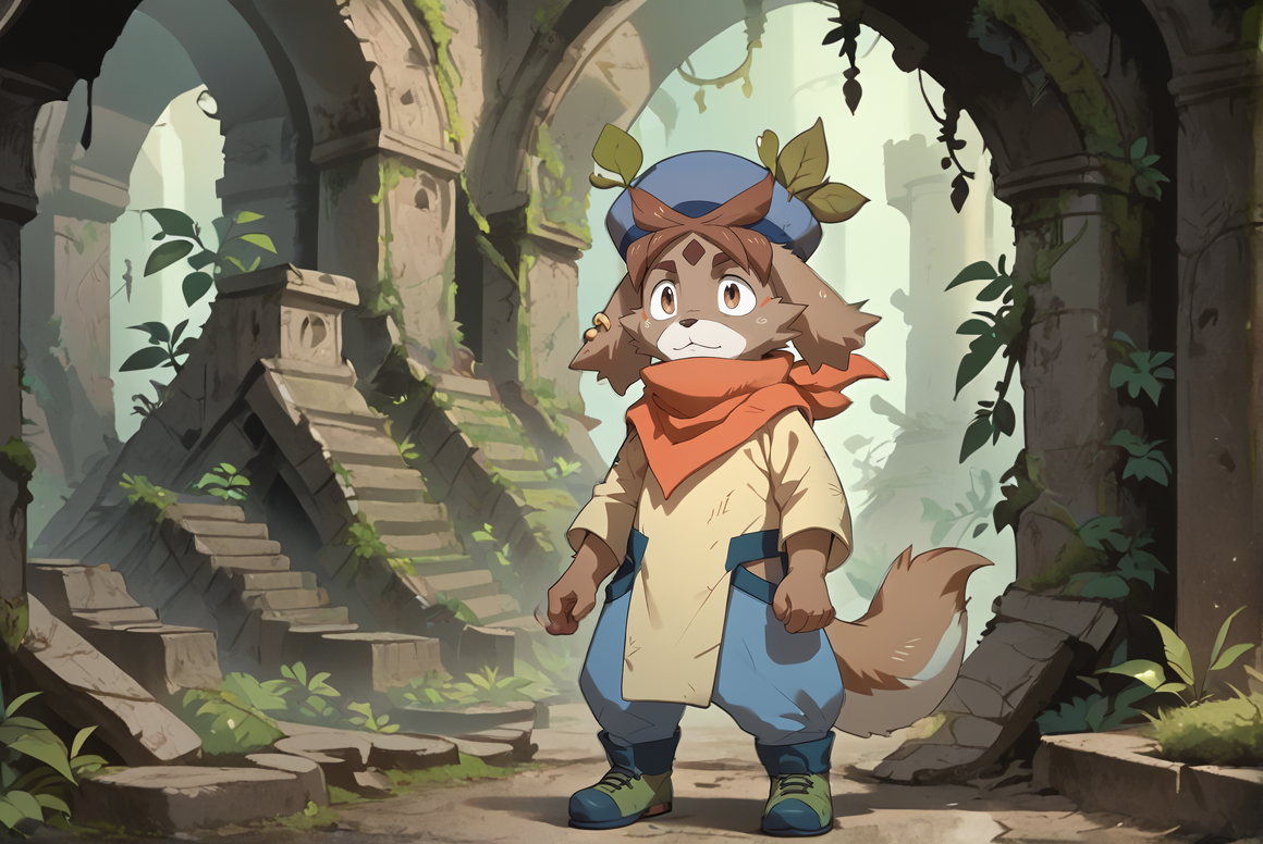 score_9, score_8_up,score_7_up, 
 <lora:Freddie_Gundam_Build_Divers_ReRISE_for_PonyXL:0.8>  1boy, furry male, fr3ddi3, solo, animal ears, brown eyes, earrings, scarf, tail, hat, shoes, 
ruins, moss, ivy,