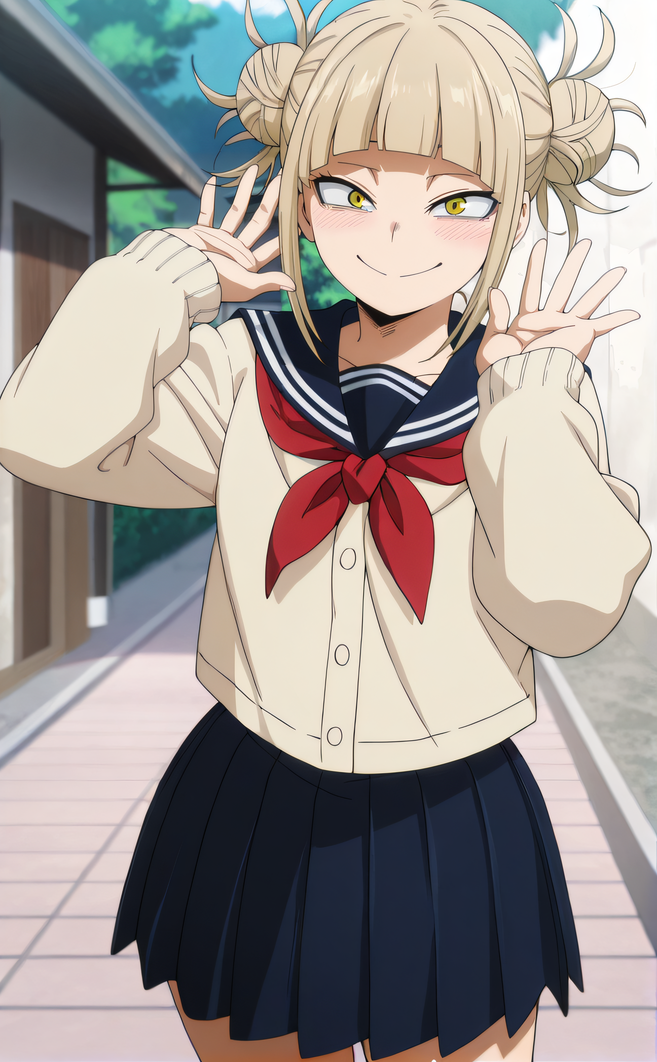 masterpiece, best quality, highres, newest, 1girl, solo, official style, anime screencap, <lora:Toga_Himiko:1>, toga, blonde hair, messy hair, double bun, yellow eyes, long sleeves, school uniform, red neckerchief, sailor collar, blue pleated skirt, looking at viewer, smile, hands up, blush, cowboy shot, outdoor, five fingers